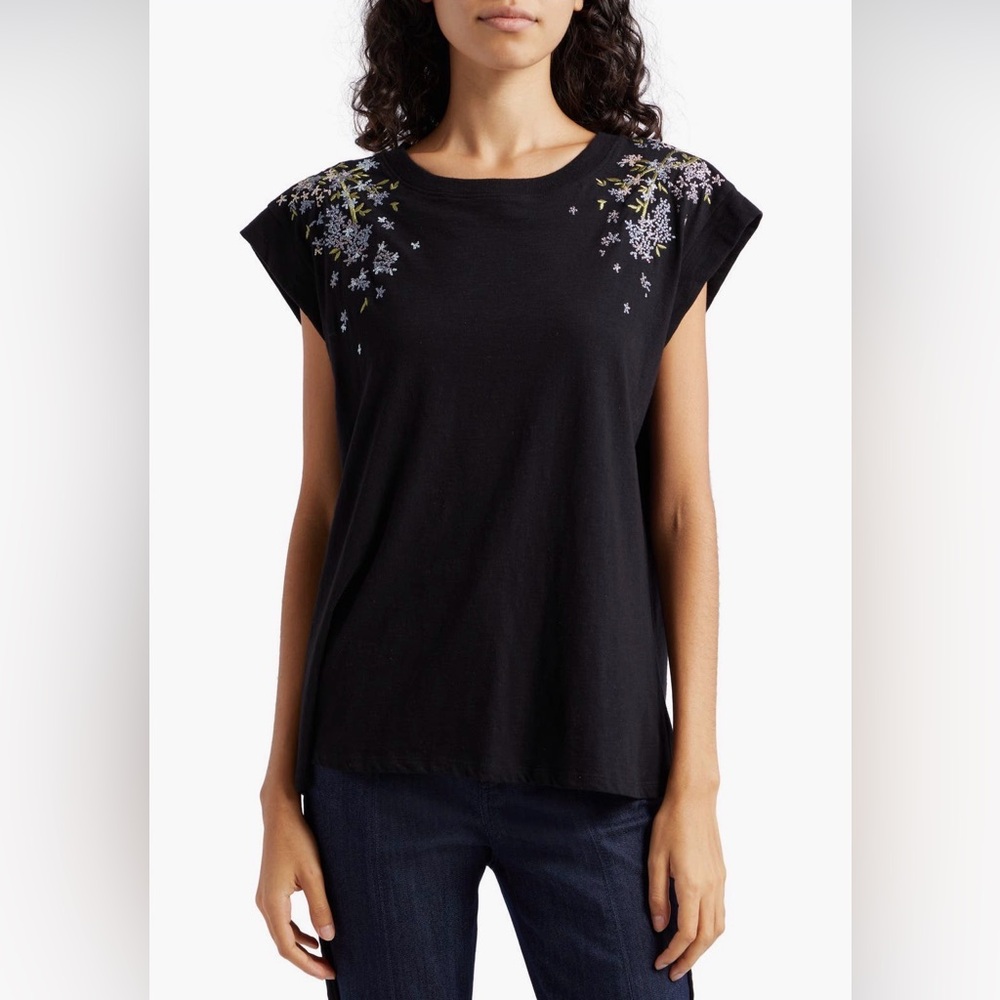 cinq a sept Black Embroidered Shoulder Tee